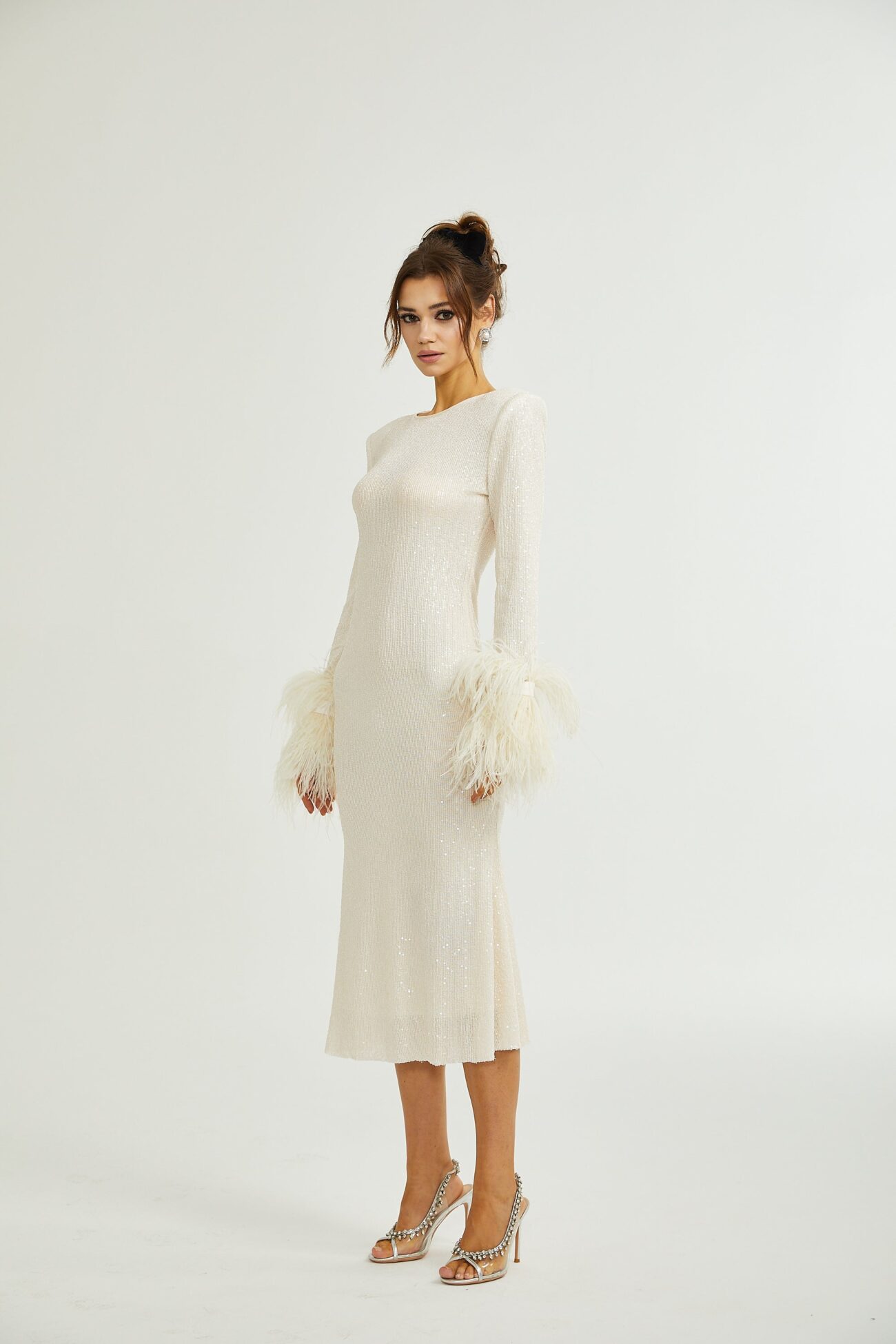 CREAM FEATHER MIDI DRESS