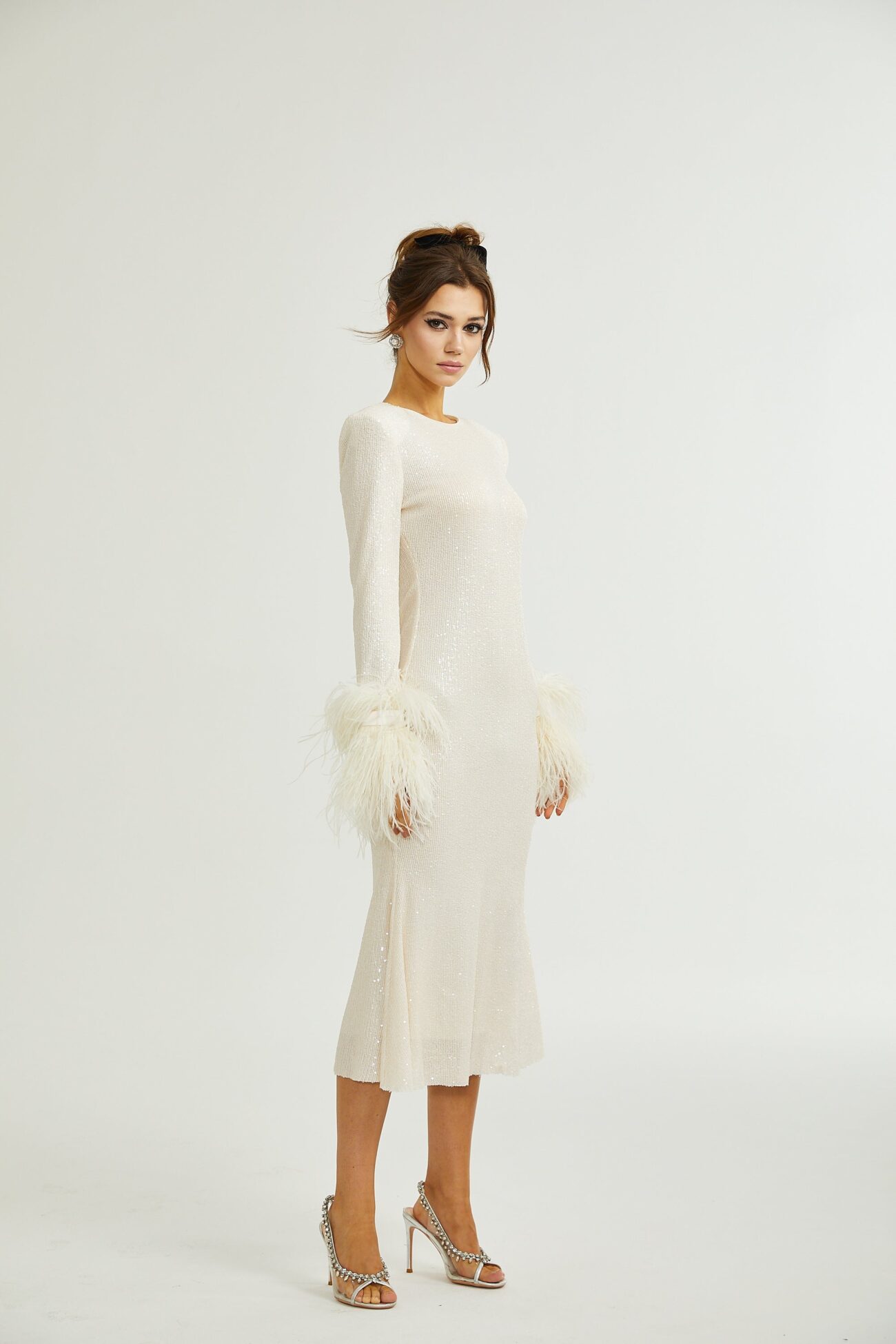 CREAM FEATHER MIDI DRESS