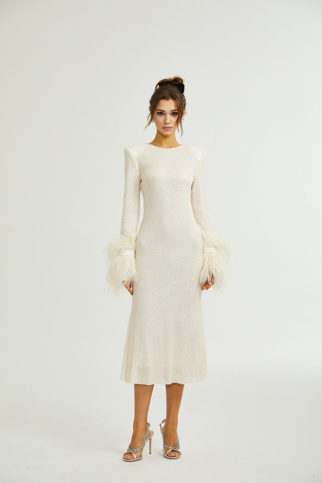 CREAM FEATHER MIDI DRESS