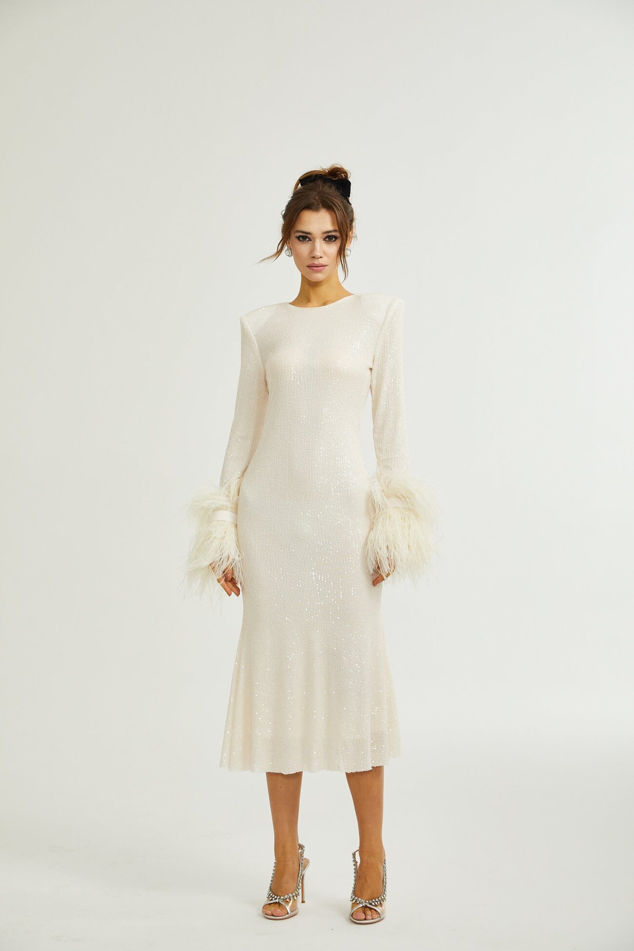 CREAM FEATHER MIDI DRESS